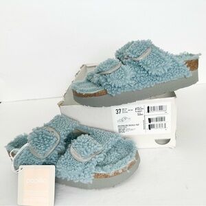 NWT Birkenstock Papillio Arizona Big Buckle Shearling fuzzy sandal blue 37/6